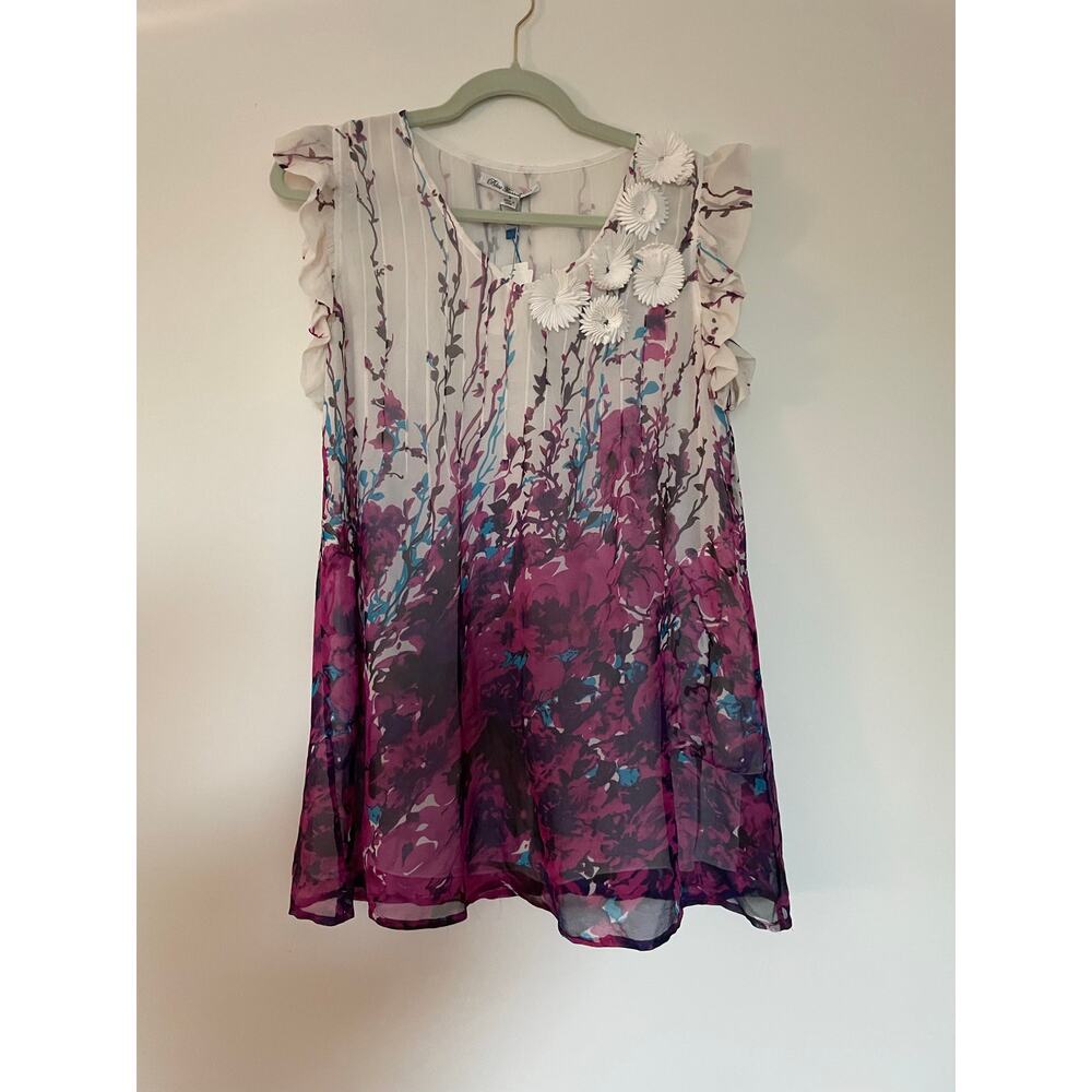 Blue Tassel Anthropologie Silk 3D Floral Ruffle Ombre Blouse Sz S